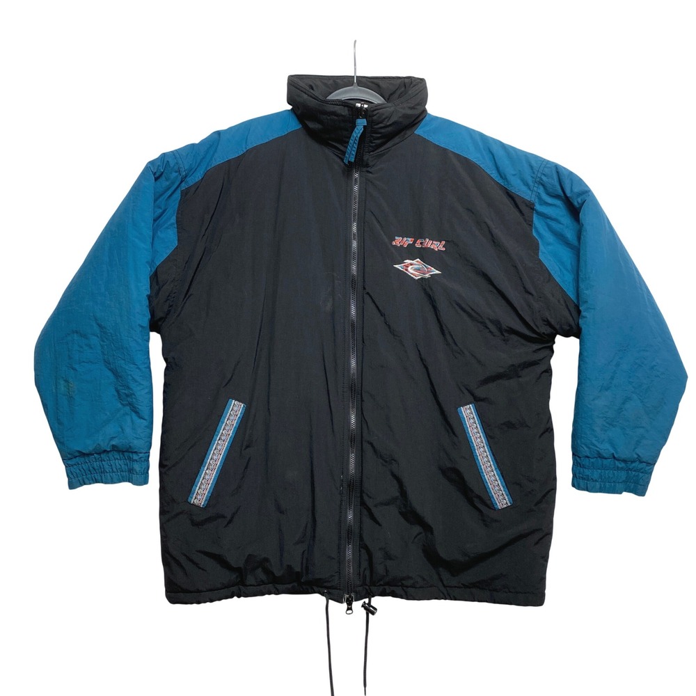 Rip Curl Puffer Jacket Mens XL Black Teal Vintage 90s Surf Colorblock Zip Up